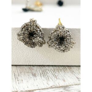 Vintage Beaded Knot Cluster Earrings Silver Grey Gold Tone Clip